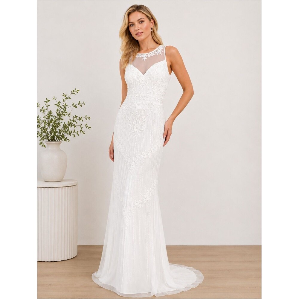 Lulus Modern Fairytale White Mesh Beaded Sequin Mermaid Maxi Dress Small NEW